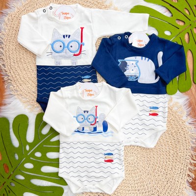 Kit 3 Peças - Bodys Manga Longa Gatinho com Peixinhos - Off White e Marinho